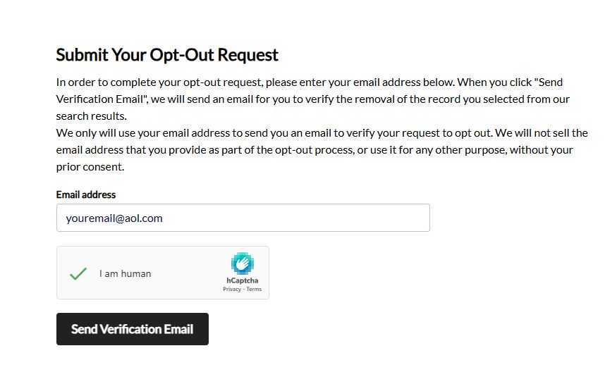 NumberGuru's 'Submit Your Opt-Out Request' page with an email address field, an hCaptcha 'I am human' checkbox showing a green tick, and a black 'Send Verification Email' button.