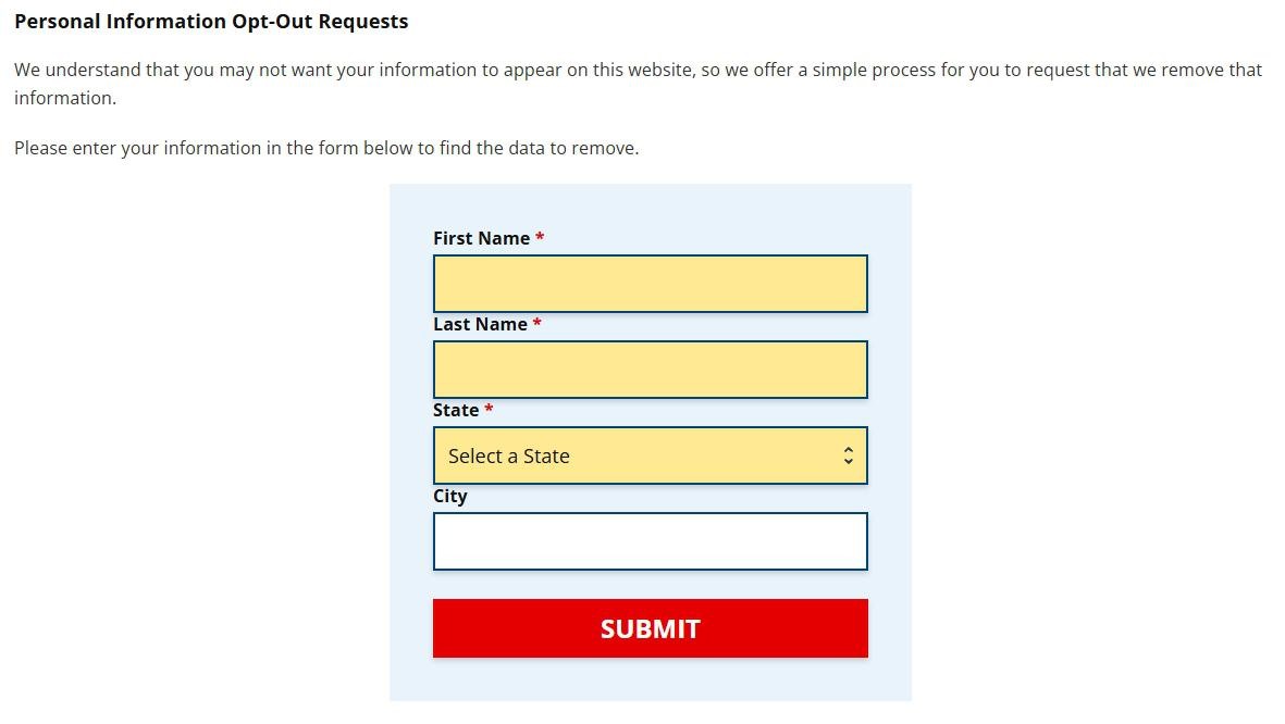 The removal search form as photographed in May, headed Personal Information Opt-Out Requests, where First Name, Last Name and State each carry a red asterisk, City has none, and a wide red SUBMIT button sits underneath.