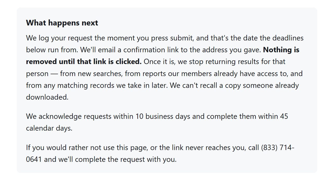 Background Checkers What happens next panel describing the emailed confirmation link, the 10 business day and 45 calendar day deadlines and a phone number