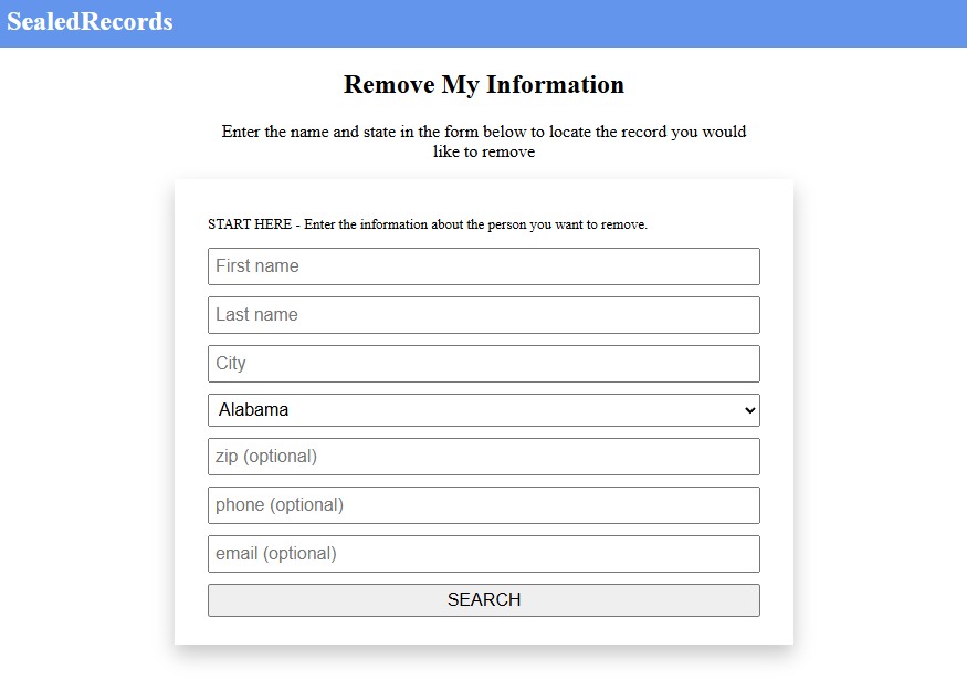 The SealedRecords removal search, asking for a name and a location