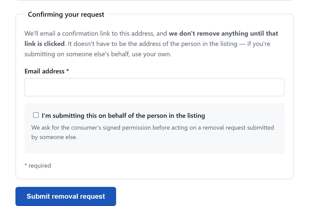 PrivateReports email entry and the Submit removal request button