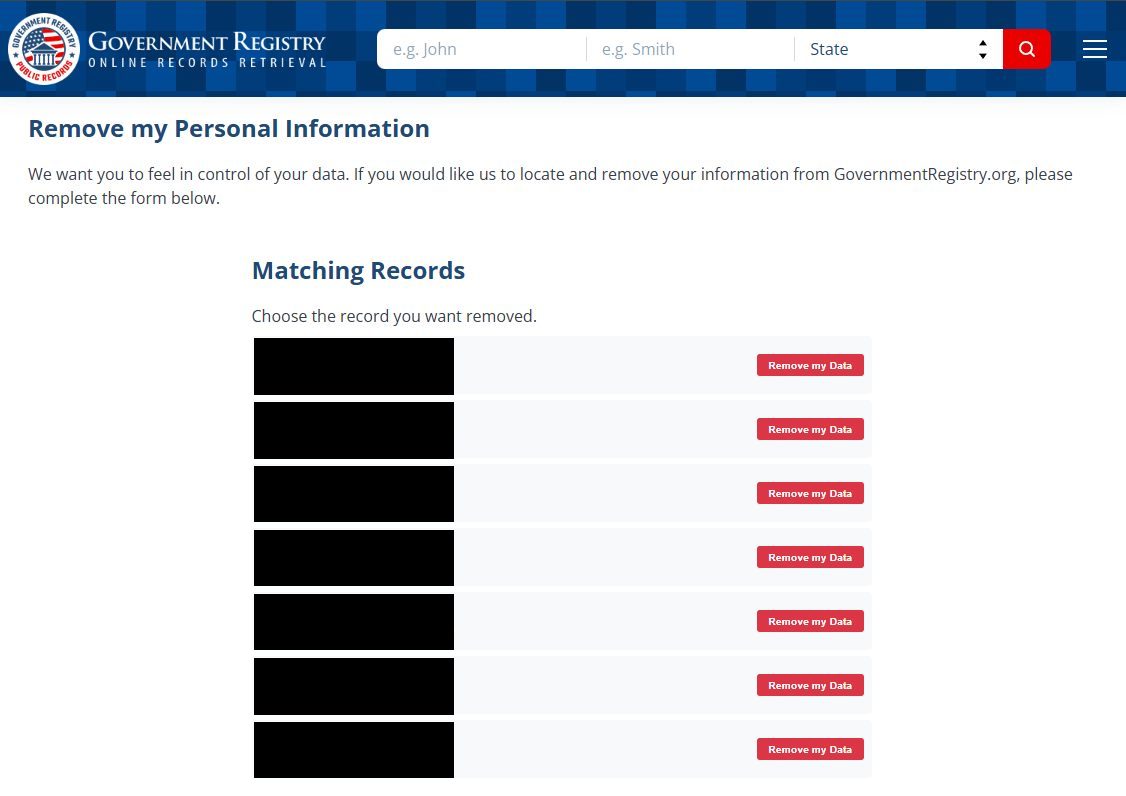 Government Registry's Matching Records list showing several same-name records with street addresses, each with a red Remove my Data button