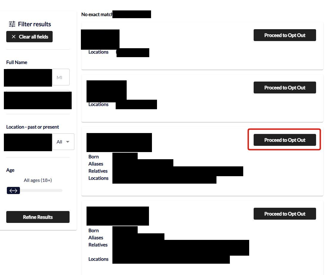 FamFinder opt-out search results showing several matching records, each listing born date, aliases, relatives and locations, with a 'Proceed to Opt Out' button on every row and the chosen row's button outlined in red. A filter panel on the left offers full name, location and age.