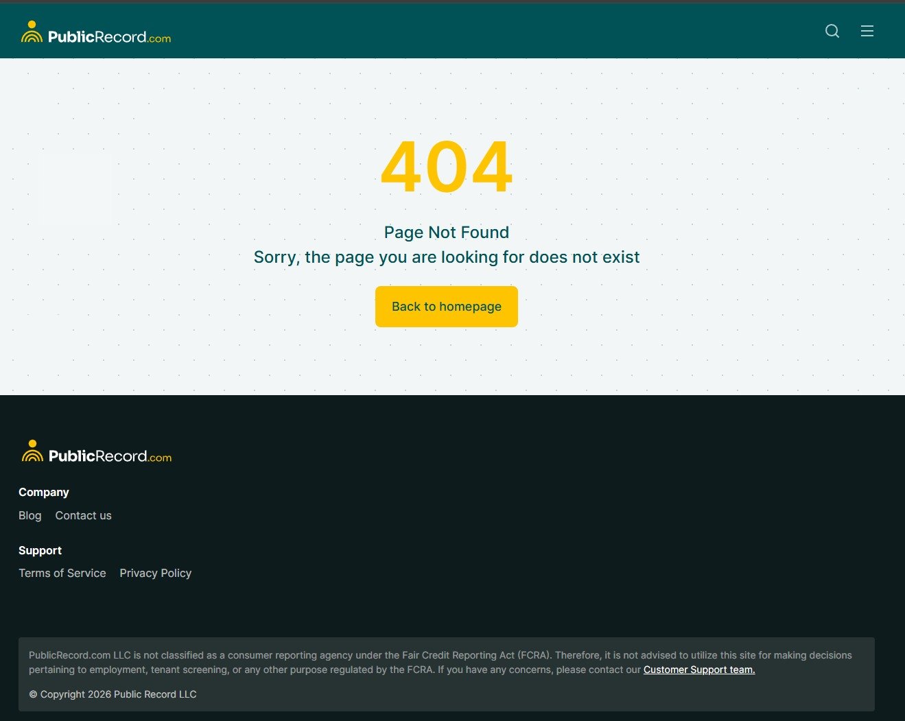 PublicRecord.com's 404 page reading 'Sorry, the page you are looking for does not exist', with a footer offering only blog, contact, terms and privacy policy links
