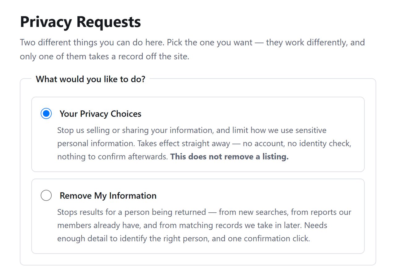Background Checkers Privacy Requests page with two radio options, Your Privacy Choices ticked by default and Remove My Information below it