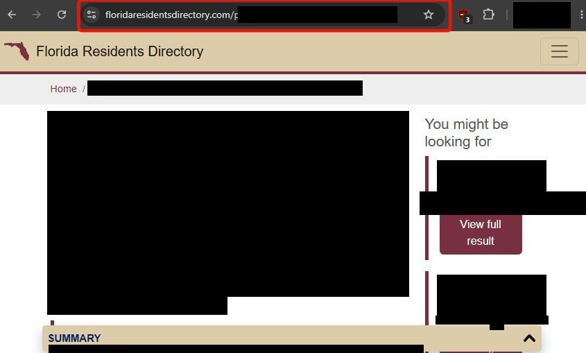 A Florida Residents Directory profile page with the address-bar URL highlighted and all personal details redacted