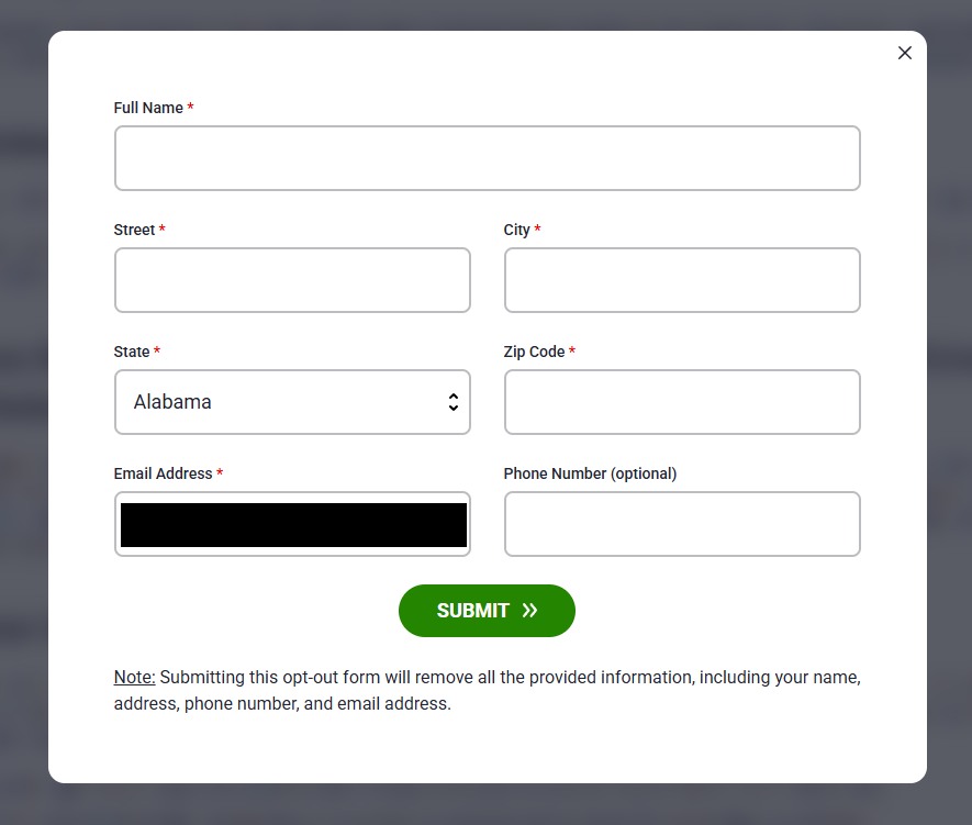 PropertyChecker's opt-out request pop-up with required Full Name, Street, City, State, Zip Code and Email Address fields, an optional Phone Number field, and a green SUBMIT button; the entered email address is blacked out