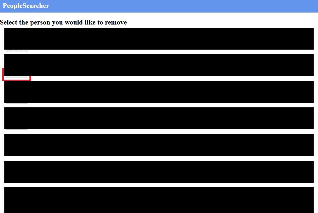 PeopleSearcher results page headed 'Select the person you would like to remove', listing candidates with name, age and location history, each with a REMOVE button; the matching record's button is highlighted
