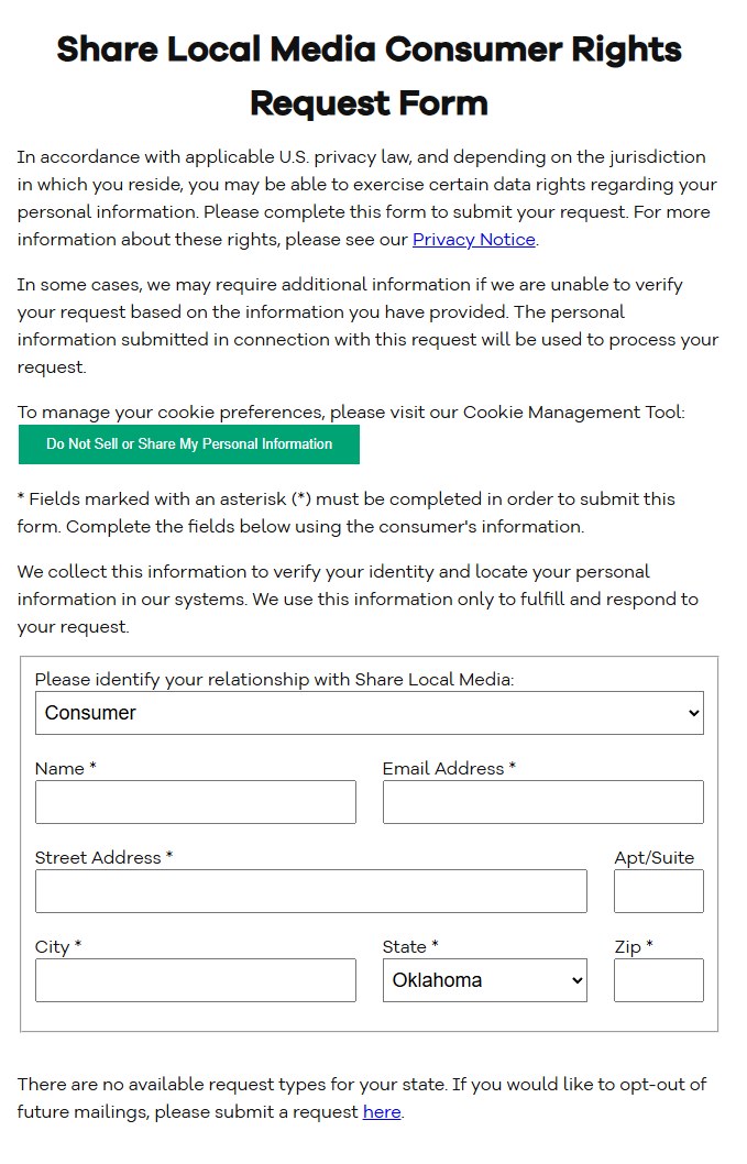 Share Local Media Consumer Rights Request Form with Oklahoma selected in the state dropdown, showing the message that there are no available request types for your state and a link to the mailings opt-out