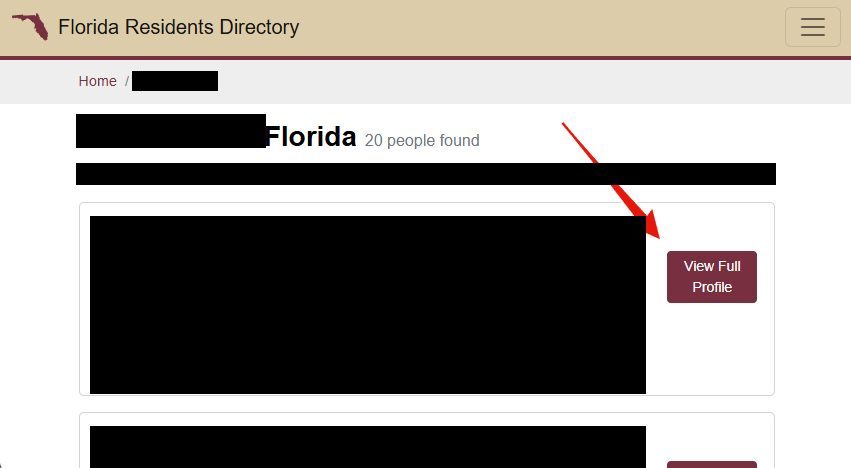 Florida Residents Directory results for a common name, each record's details redacted, with a View Full Profile button highlighted