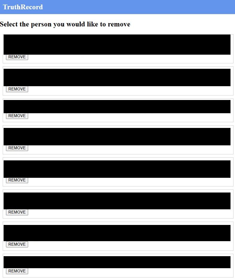 TruthRecord results page headed 'Select the person you would like to remove', listing candidates with name, age and location history, each with a REMOVE button