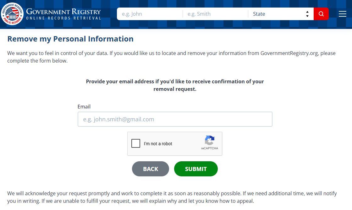 Government Registry's final removal screen asking for an optional email address for confirmation, with an I'm not a robot reCAPTCHA and BACK and SUBMIT buttons