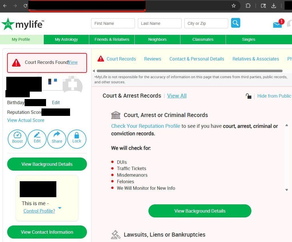 Browser address bar showing the URL of the opened MyLife profile page after the gathering-info animation completes.