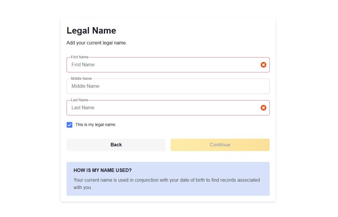 Information.com's Legal Name screen with first, middle and last name boxes and a ticked box reading This is my legal name