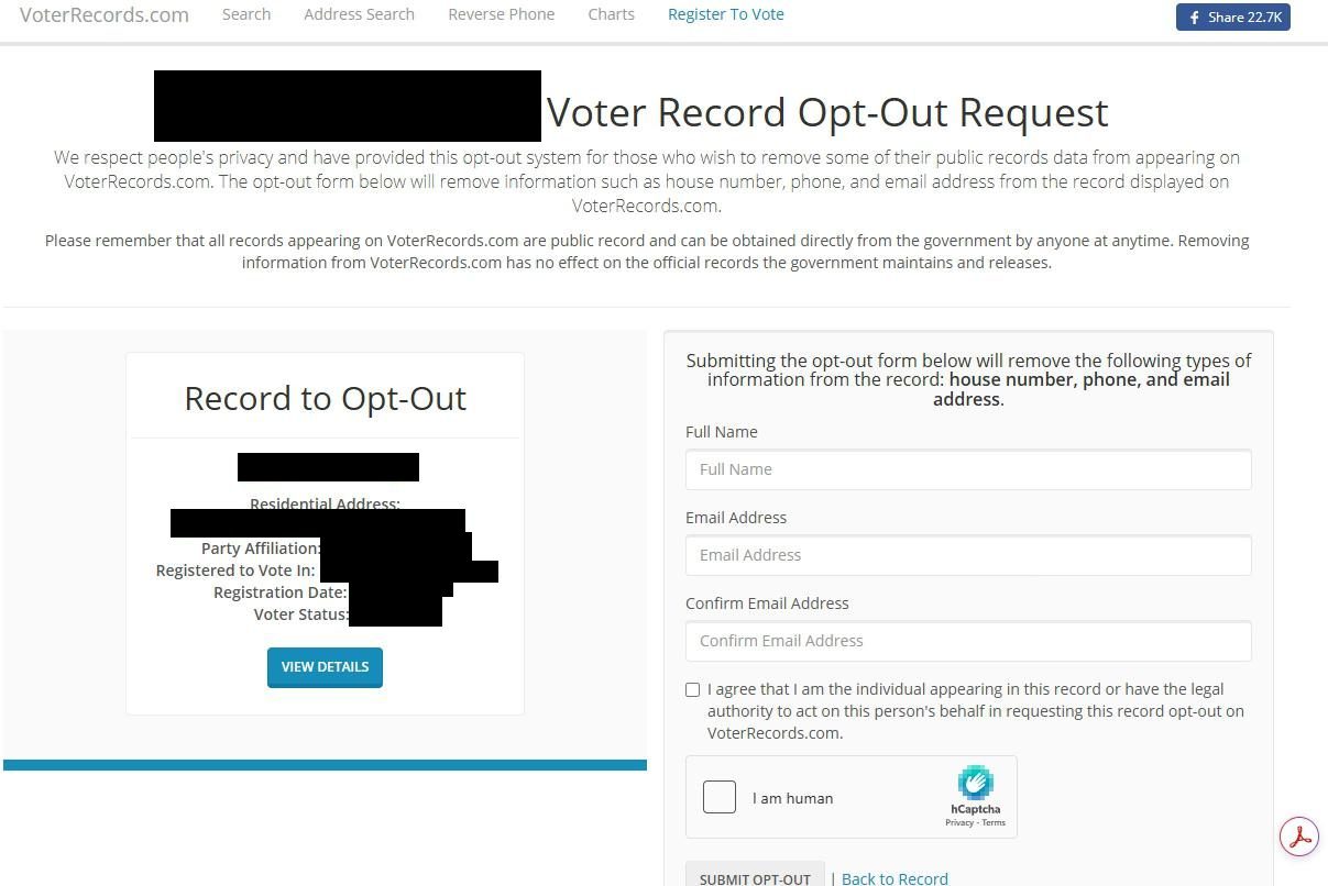 The Voter Record Opt-Out Request page. On the left, a Record to Opt-Out card with its name, address, party, state, registration date and status blacked out. On the right, a note that the form removes house number, phone and email address, then Full Name, Email Address and Confirm Email Address boxes, an agreement checkbox, an hCaptcha box and a SUBMIT OPT-OUT button.