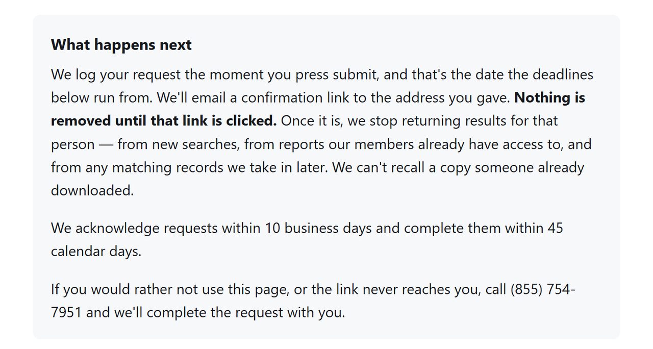 Check Secrets panel explaining that a confirmation link is emailed, that requests are acknowledged within 10 business days and completed within 45 calendar days