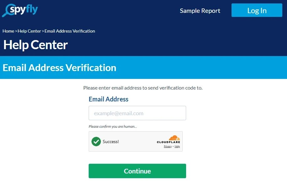 SpyFly's Email Address Verification screen with one email field and a Continue button
