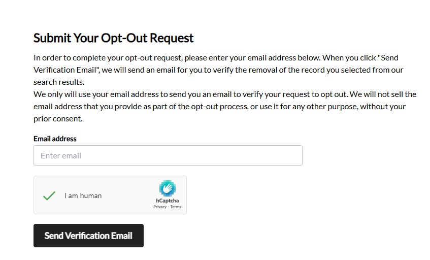 NeighborWho's Submit Your Opt-Out Request page with an email address field, a ticked I-am-human hCaptcha, and a black Send Verification Email button