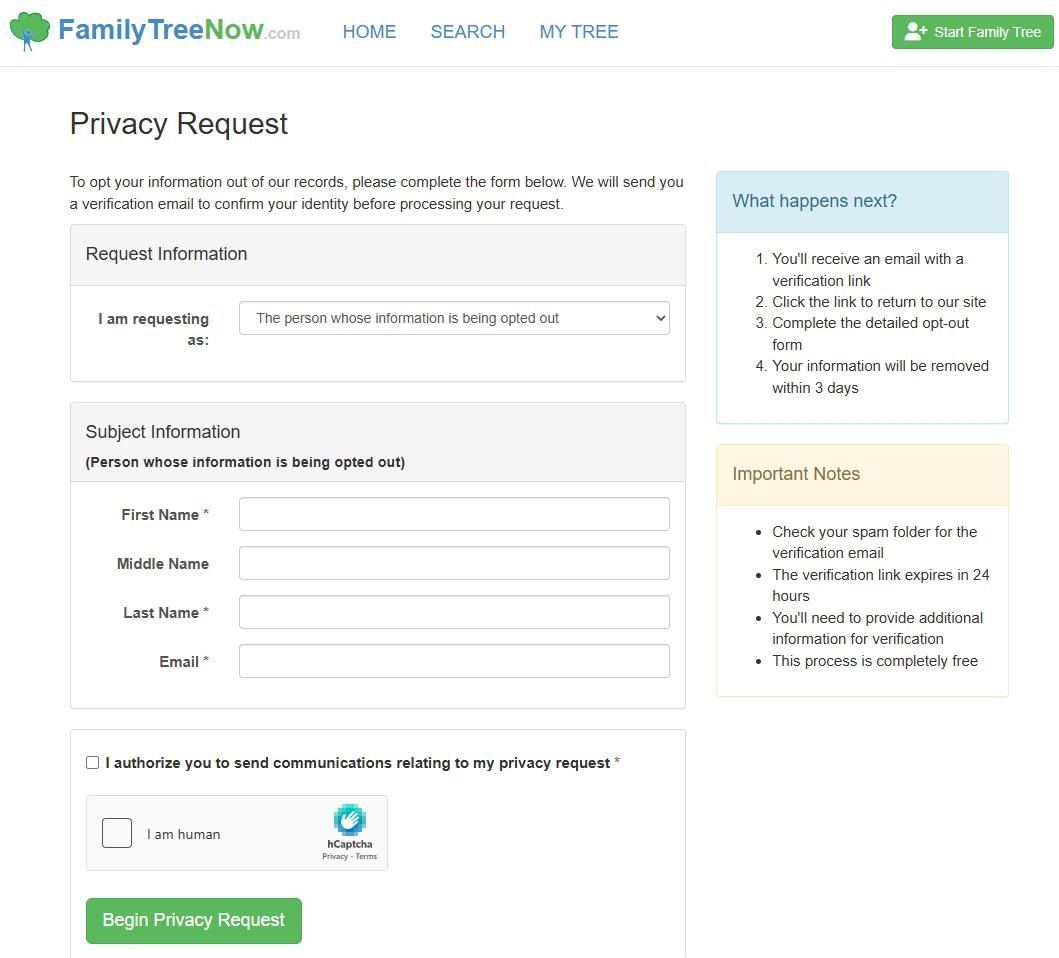 FamilyTreeNow Privacy Request page with the instruction 'To opt your information out of our records, please complete the form below. We will send you a verification email to confirm your identity before processing your request.' A 'Request Information' section has an 'I am requesting as:' dropdown set to 'The person whose information is being opted out'. A 'Subject Information (Person whose information is being opted out)' section has empty First Name, Middle Name, Last Name, and Email fields. Below sits an unchecked 'I authorize you to send communications relating to my privacy request' checkbox and an empty 'I am human' hCaptcha widget. A green 'Begin Privacy Request' button sits at the bottom. The right-hand sidebar shows a blue 'What happens next?' box with four numbered steps (verification email, click link to return, complete detailed opt-out form, removal within 3 days) and a yellow 'Important Notes' box listing the 24-hour link expiry, the spam-folder check, and 'This process is completely free'.