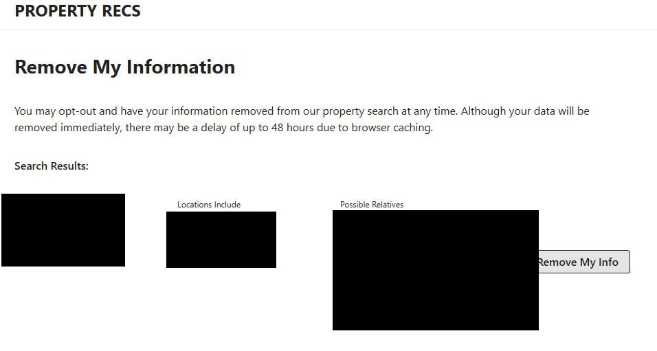 PropertyRecs' removal results under a Search Results heading. The card's name, city and age are blacked out, as are its Locations Include and Possible Relatives lists, and a Remove My Info button sits at the right.