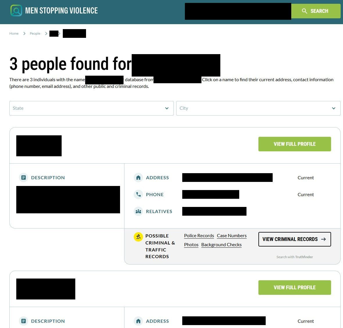 Results page listing people found for the searched name, each with description, address, phone and relatives, a green VIEW FULL PROFILE button, and a Truthfinder-sponsored VIEW CRIMINAL RECORDS button
