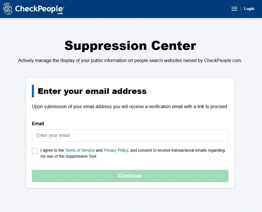 CheckPeople's Suppression Center asking for an email address, with a terms box and a Continue button