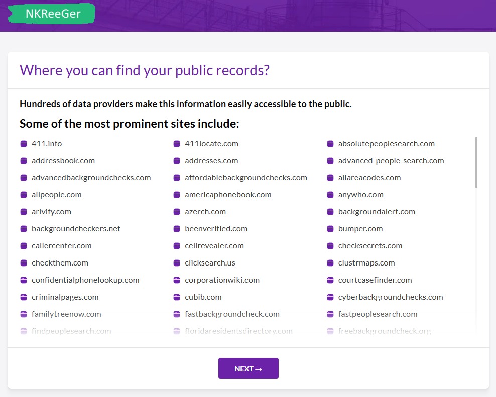 A funnel screen listing dozens of people-search sites under the heading 'Where you can find your public records?', with a NEXT button at the bottom