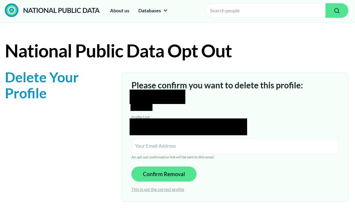 National Public Data's confirmation screen echoing the matched profile with its details redacted, an email field, and a green Confirm Removal button