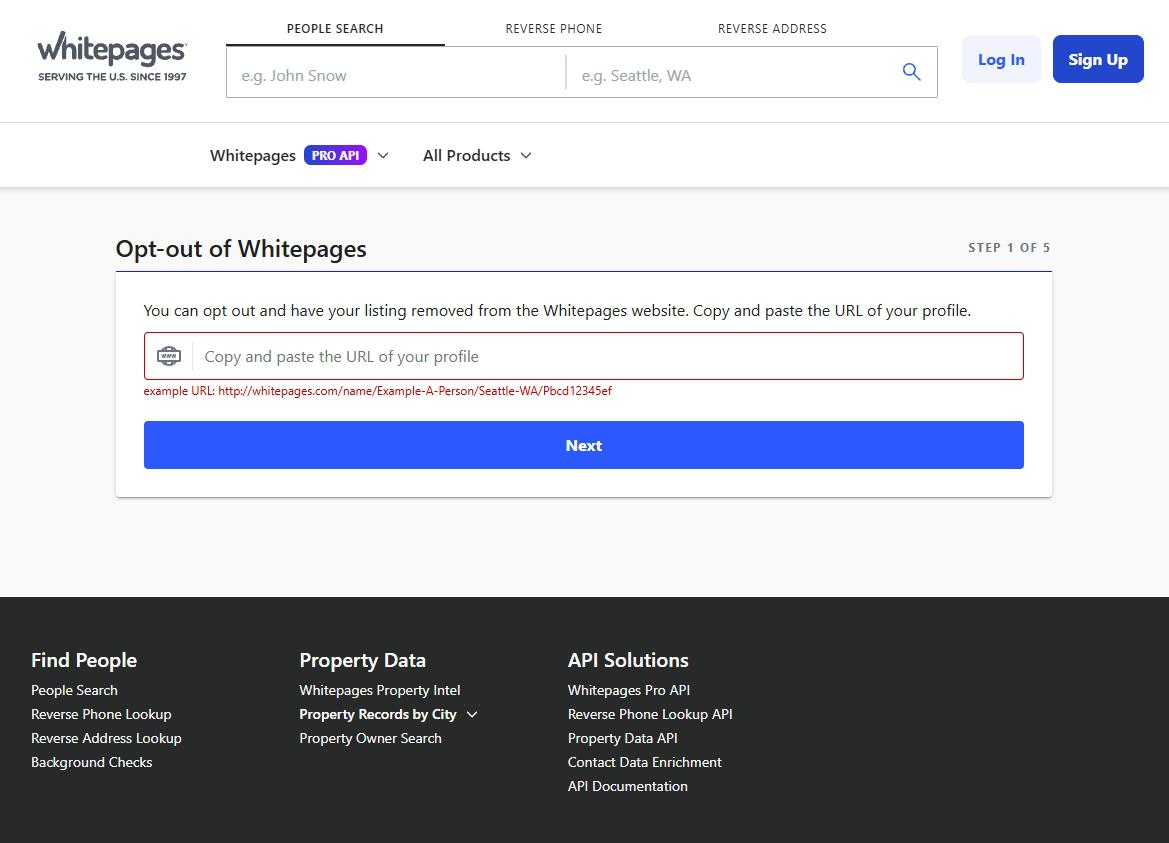 Whitepages' Opt-out of Whitepages page, marked Step 1 of 5, with an empty box for a profile URL, Whitepages' own example address in red beneath it, and a blue Next button.