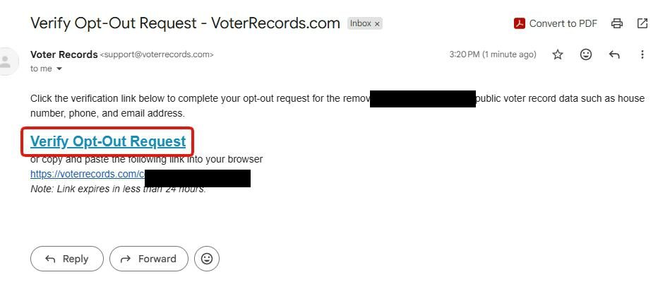 A Verify Opt-Out Request email from Voter Records at support@voterrecords.com, with the name and the link's record code blacked out. A Verify Opt-Out Request link is outlined in red above a copy-and-paste version of the link and a note that it expires in less than 24 hours.
