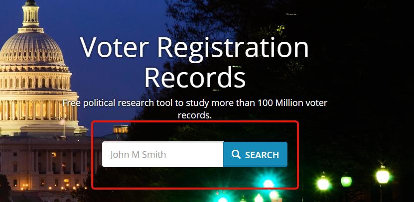The VoterRecords homepage hero, titled Voter Registration Records, with a name search box and a blue SEARCH button outlined in red.