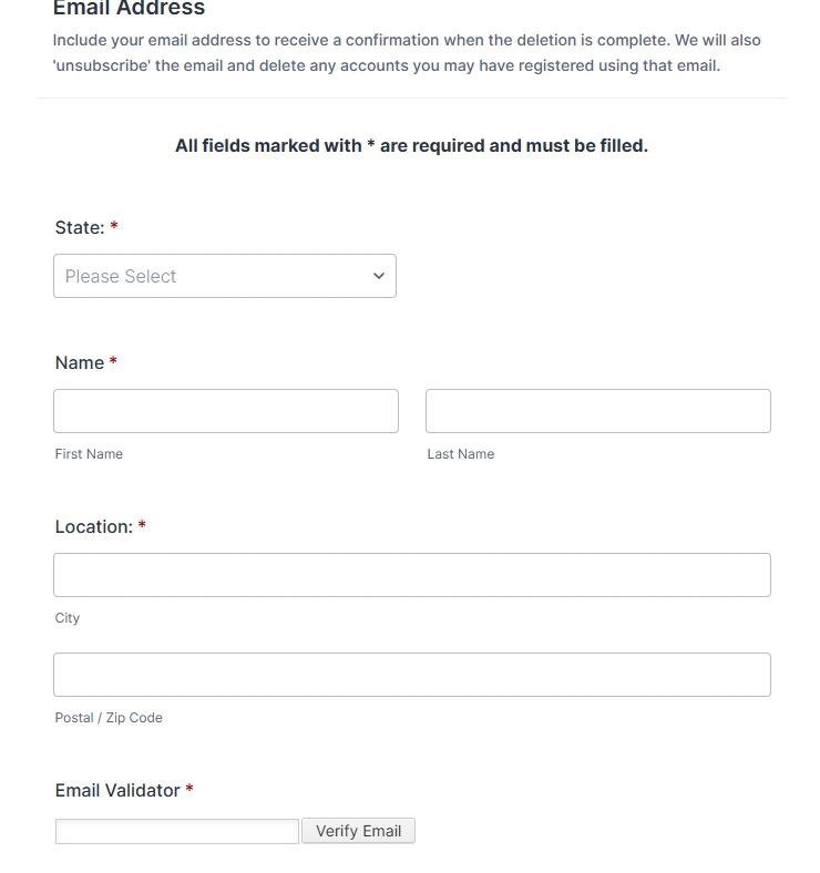 MyLife privacyrequest form top section with the heading 'Email Address - Include your email address to receive a confirmation when the deletion is complete,' a note that 'All fields marked with * are required,' and form fields: State dropdown, First Name and Last Name, City, Postal / Zip Code, plus an Email Validator field with a 'Verify Email' button.