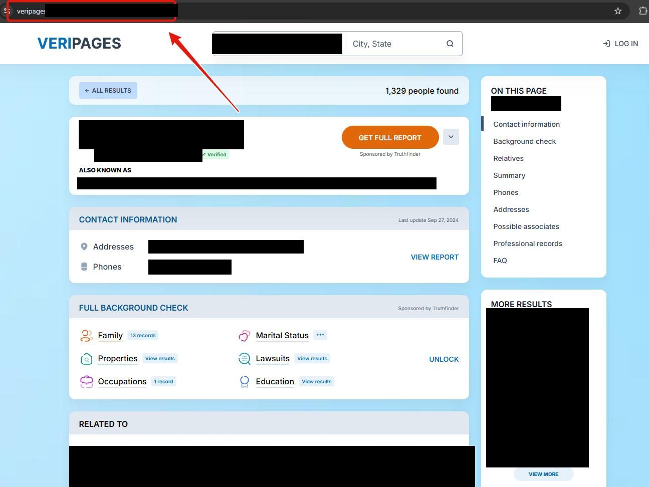 A Veripages profile page with the browser's address bar boxed in red and a red arrow pointing at it. The address after veripages is blacked out, as are the name, aliases, addresses, phones, relatives and the More Results column. An orange GET FULL REPORT button reads Sponsored by Truthfinder.