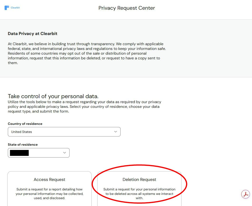 Clearbit Privacy Request Center page. Top header shows the Clearbit logo and 'Privacy Request Center' title. 'Data Privacy at Clearbit' intro paragraph explains the company complies with applicable federal, state, and international privacy laws and that residents of some countries may opt out of sale or distribution, request deletion, or request a copy. Below, a 'Take control of your personal data' section instructs users to select country of residence, choose data request type, and submit the form. Two dropdowns: 'Country of residence' set to 'United States' and 'State of residence' with the chosen state blacked out. Below the dropdowns two visible cards: 'Access Request' (Submit a request for a report detailing how your personal information may be collected, used, and disclosed) and 'Deletion Request' (Submit a request for your personal information to be deleted across all systems we interact with). Two additional cards (Transfer Request and Update Inaccuracies Request) are below the visible crop.