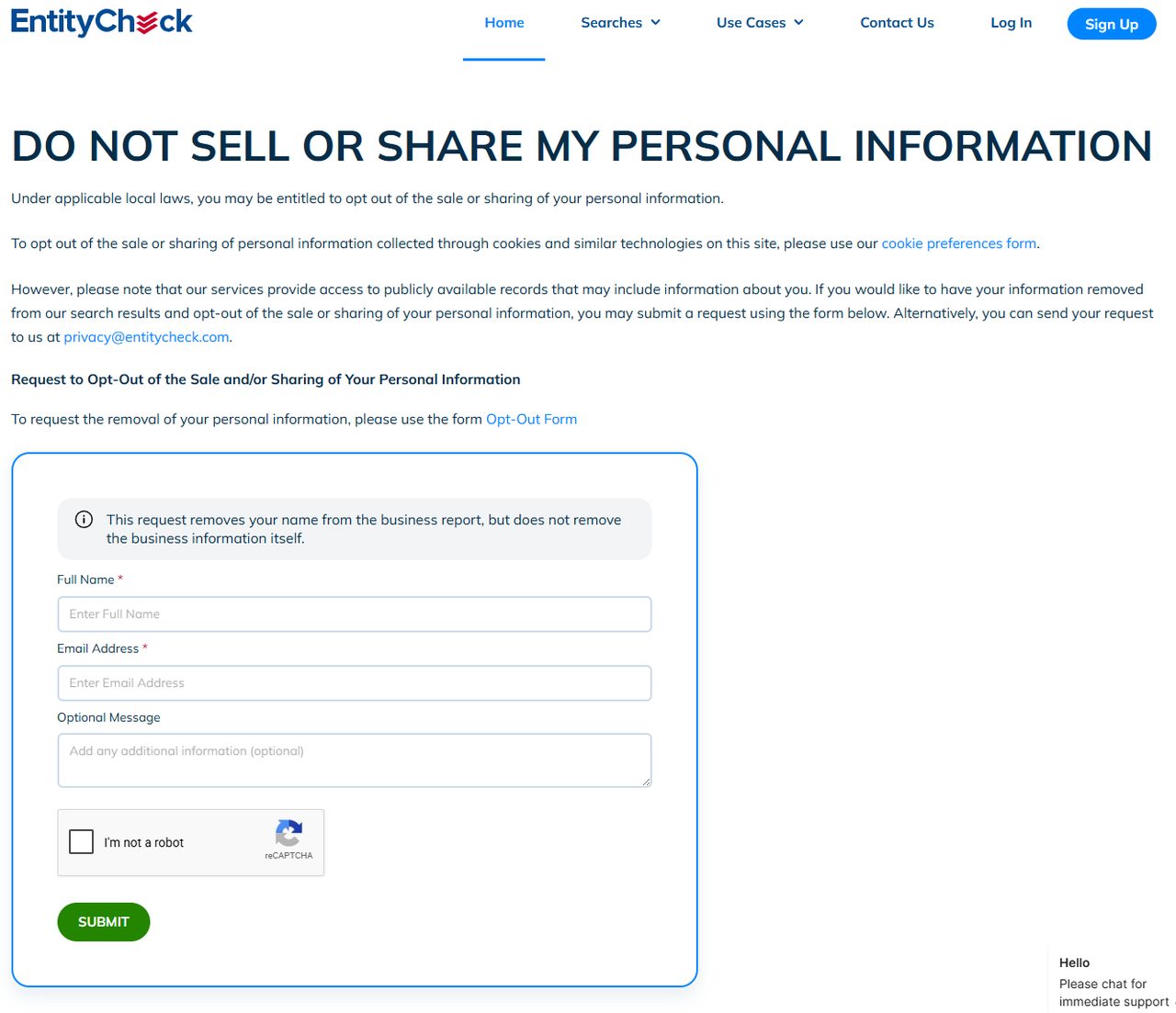 EntityCheck's opt-out page, where a blue-bordered form holds a grey note about the business report, then Full Name, Email Address, an Optional Message box, a reCAPTCHA and a green SUBMIT button.