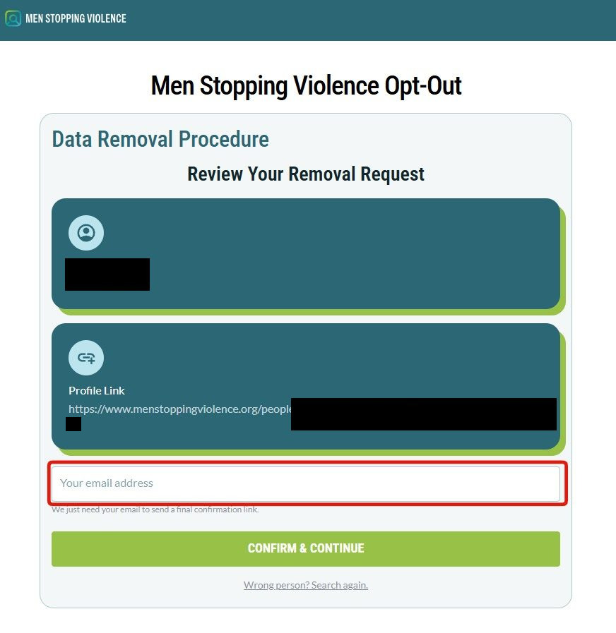 The Review Your Removal Request screen showing the matched record and profile link with the email address field highlighted in red and a CONFIRM & CONTINUE button