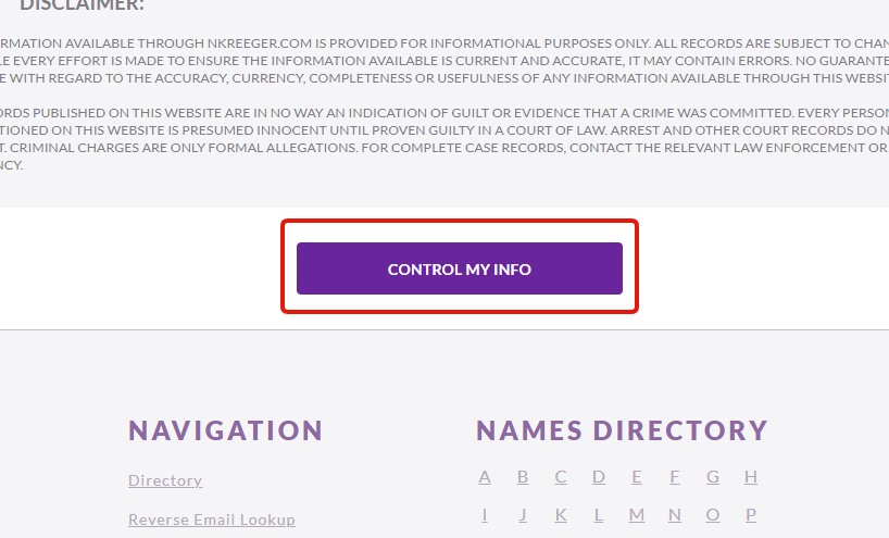 The bottom of an NKReeGer record page with the CONTROL MY INFO button boxed in red beneath the site's disclaimer text