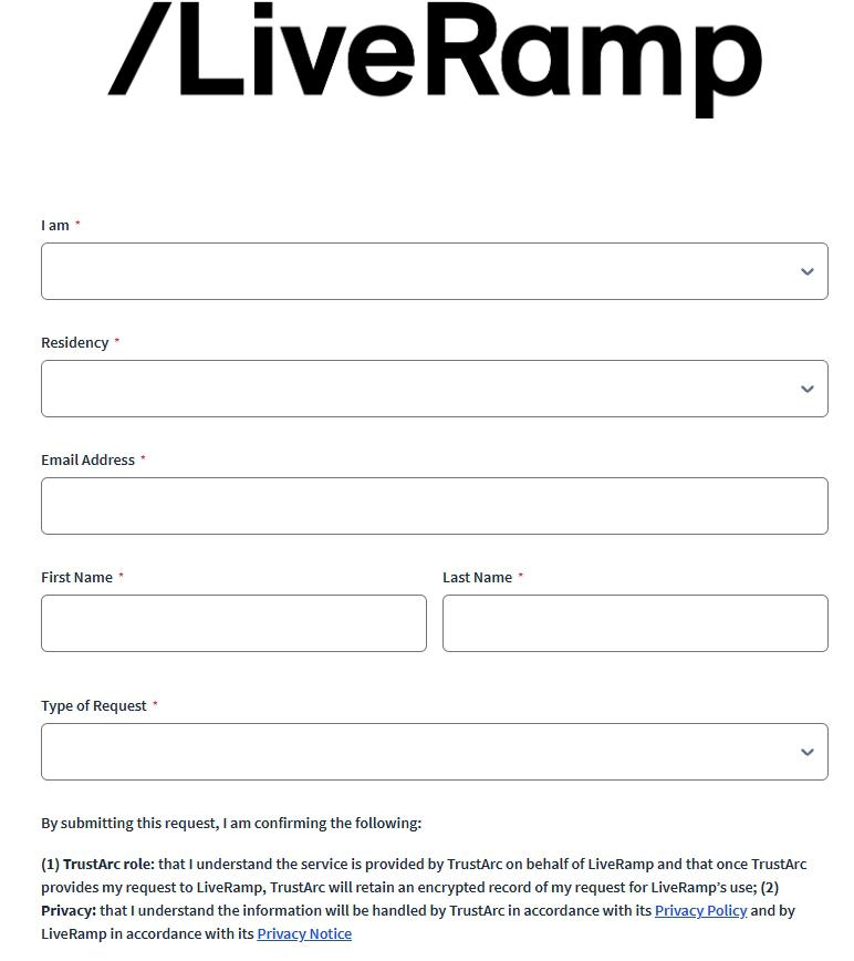 LiveRamp TrustArc-hosted opt-out form. Centered LiveRamp /L logo at top in large bold type. Below are five required fields each marked with a red asterisk: 'I am' (dropdown, empty), 'Residency' (dropdown, empty), 'Email Address' (text field, empty), 'First Name' and 'Last Name' side by side (text fields, empty), and 'Type of Request' (dropdown, empty). Below the fields is a disclaimer paragraph beginning 'By submitting this request, I am confirming the following:' followed by two numbered points - (1) TrustArc role explaining the service is provided by TrustArc on behalf of LiveRamp and TrustArc keeps an encrypted record of the request, and (2) Privacy explaining the information will be handled by TrustArc and LiveRamp under their respective policies, with links to LiveRamp's Privacy Policy and Privacy Notice.