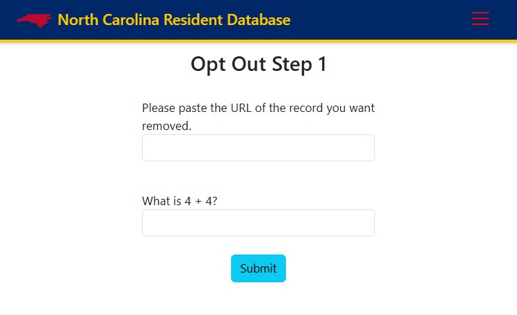The Opt Out Step 1 page asking for the URL of the record to be removed, with a spam question below the URL field and a Submit button