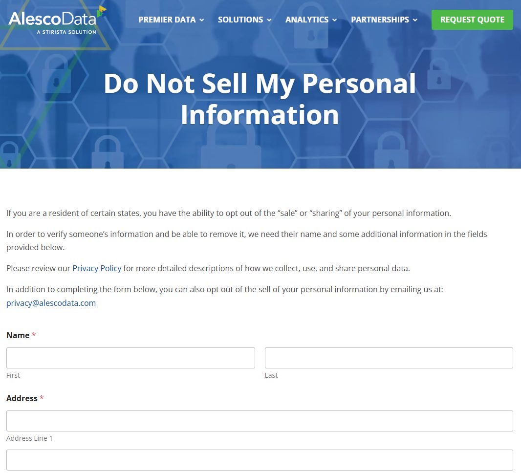 Alesco Data's Do Not Sell My Personal Information page, with explanatory copy, an email alternative, and required Name fields for first and last plus an Address block.