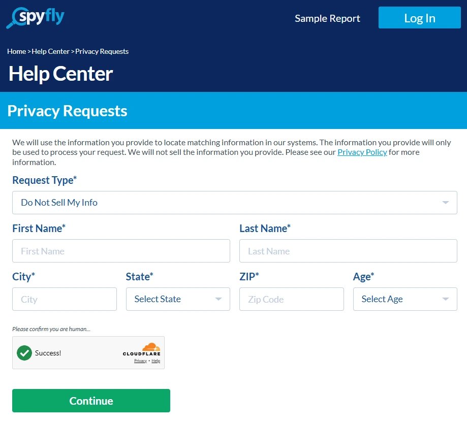 SpyFly's Privacy Requests form with Request Type set to Do Not Sell My Info and empty name, city, state, ZIP and age fields above a Continue button