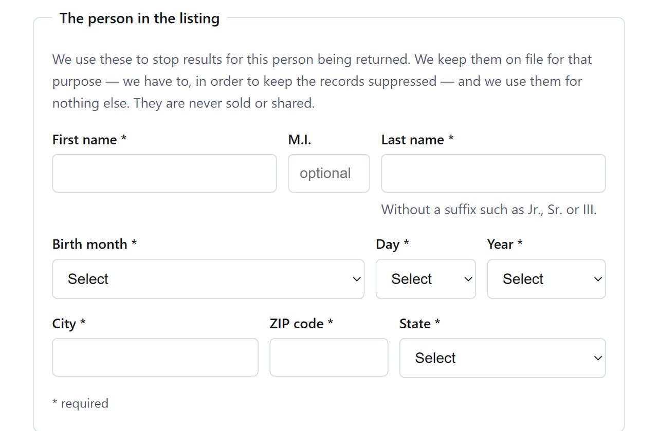 PrivateReports form row for first name, middle initial and last name with a suffix hint, followed by birth date and location rows