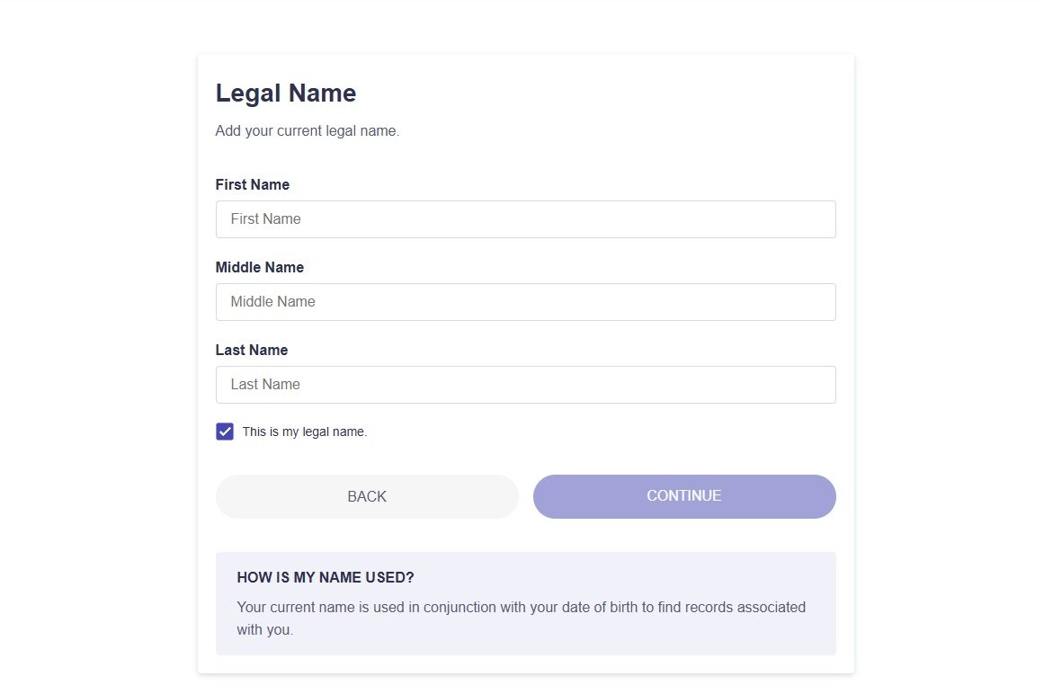 The Legal Name form on UnMask, three name fields above a ticked confirmation that the name is the legal one