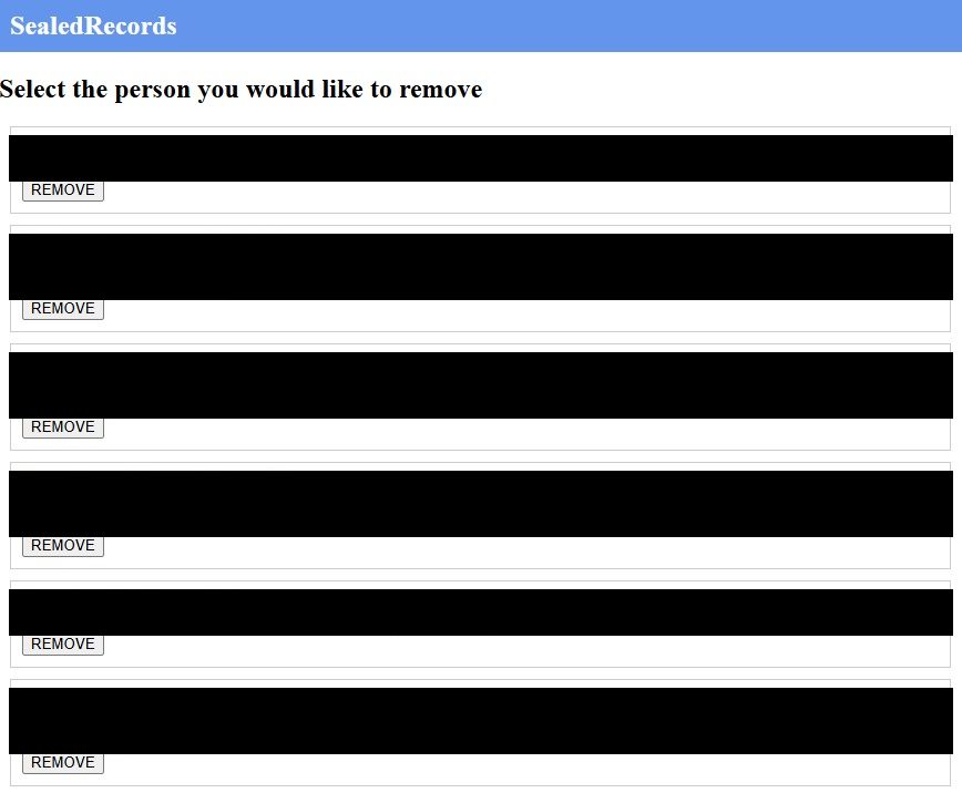 SealedRecords results listing candidates with ages and past cities, each with a REMOVE button