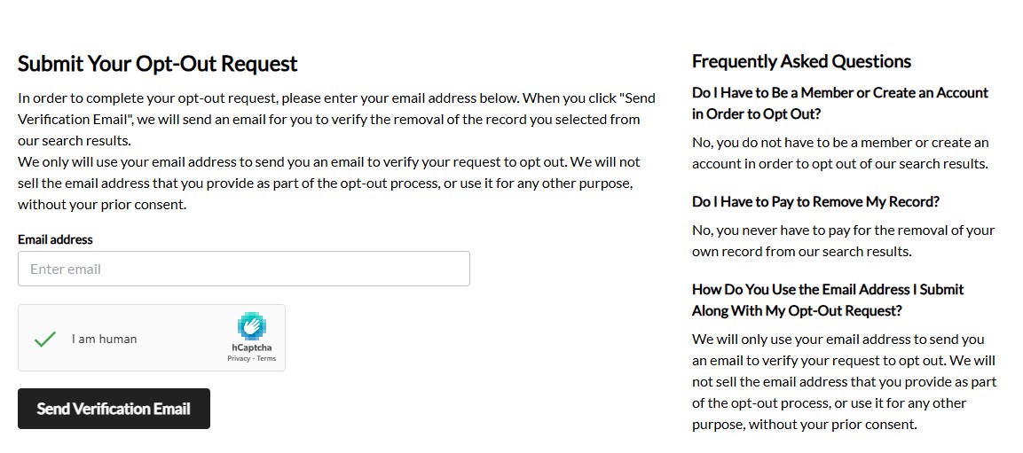 PeopleLooker 'Submit Your Opt-Out Request' page with an email field, an 'I am human' hCaptcha, a Send Verification Email button, and an FAQ panel confirming no account or payment is needed