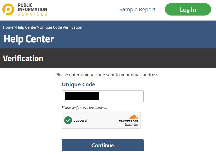 Public Information Services' Verification page, with a Unique Code box for the emailed code, a Cloudflare check and a Continue button.