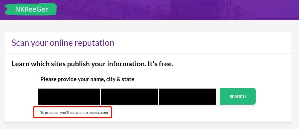 The funnel's final screen, 'Scan your online reputation', with a name, city and state search form and the fine print 'To proceed, you'll be taken to onerep.com' boxed in red