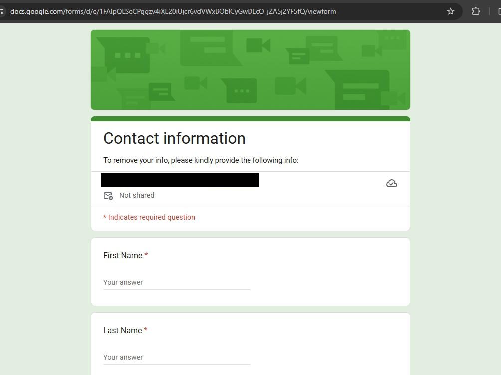 Google Form titled 'Contact information' with the prompt 'To remove your info, please kindly provide the following info:' The form shows the signed-in Google account with a 'Switch account' link and a 'Not shared' indicator, an '* Indicates required question' note, and the first two of the form's five required fields visible in this crop - 'First Name' and 'Last Name', each with a 'Your answer' text input