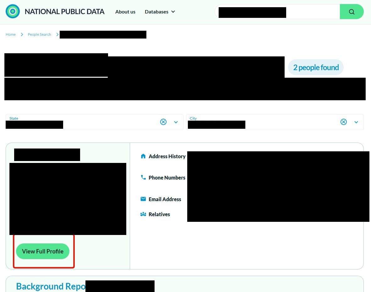 A National Public Data results page listing a matching record with its details redacted and the green View Full Profile button highlighted