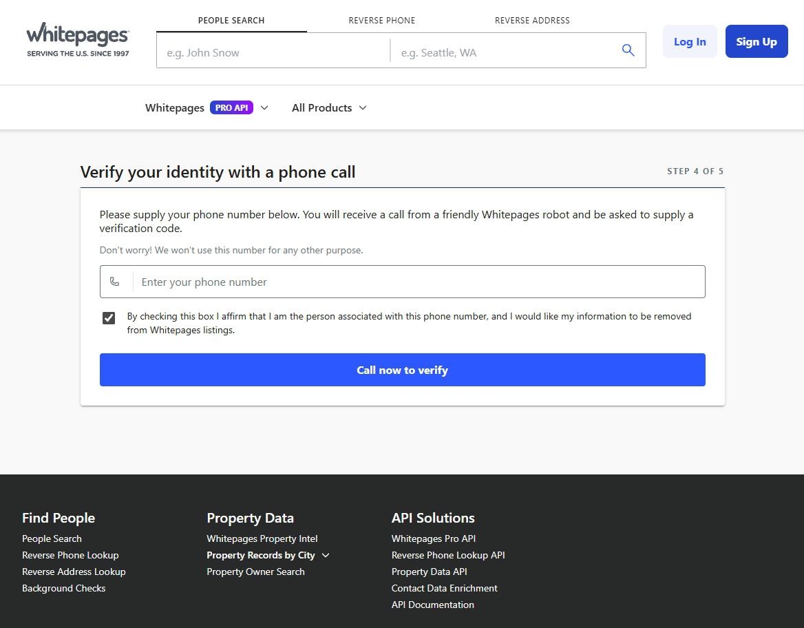 Whitepages' Step 4 of 5 screen, Verify your identity with a phone call, with an empty phone number box, a ticked box affirming the number is yours, and a blue Call now to verify button.